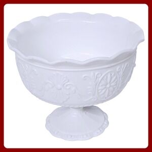 Indiana White Milk Glass Pedestal‎ Compote Bowl Scalloped Floral Embossed 6"